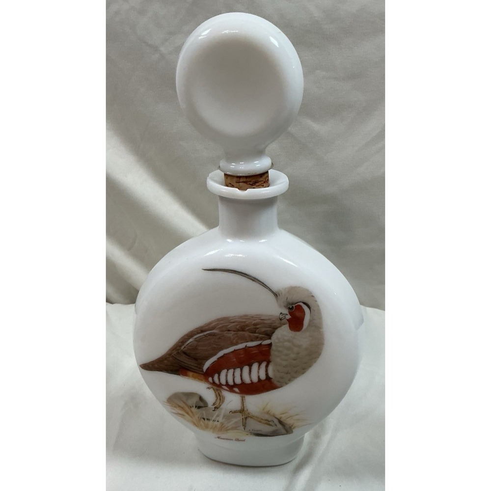 Field Birds Mountain Quail Milk Glass Whiskey Decanter Hand Painted By A. Singer